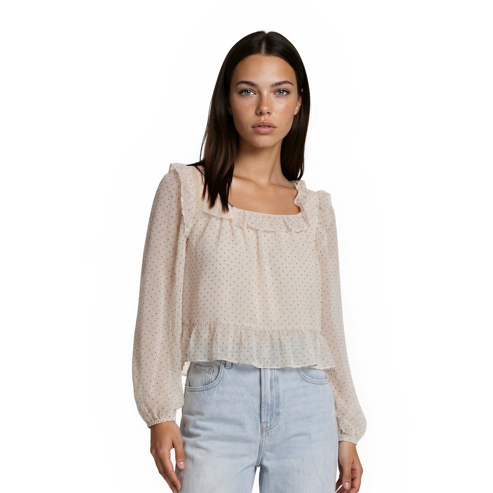 Sadie & Sage Blouse Top Women's Size Small Cream Polka Dot Ruffle Square Neck